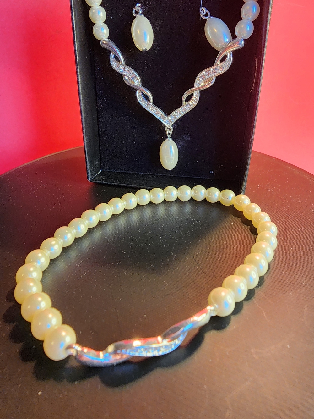 Avon Pearl Beaded Necklace, Bracelet, Earrings with Silver-tone Swirl Accent